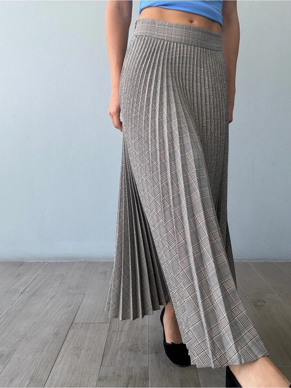 Pleated Glen Plaid Midi Skirt - Taupe Gray